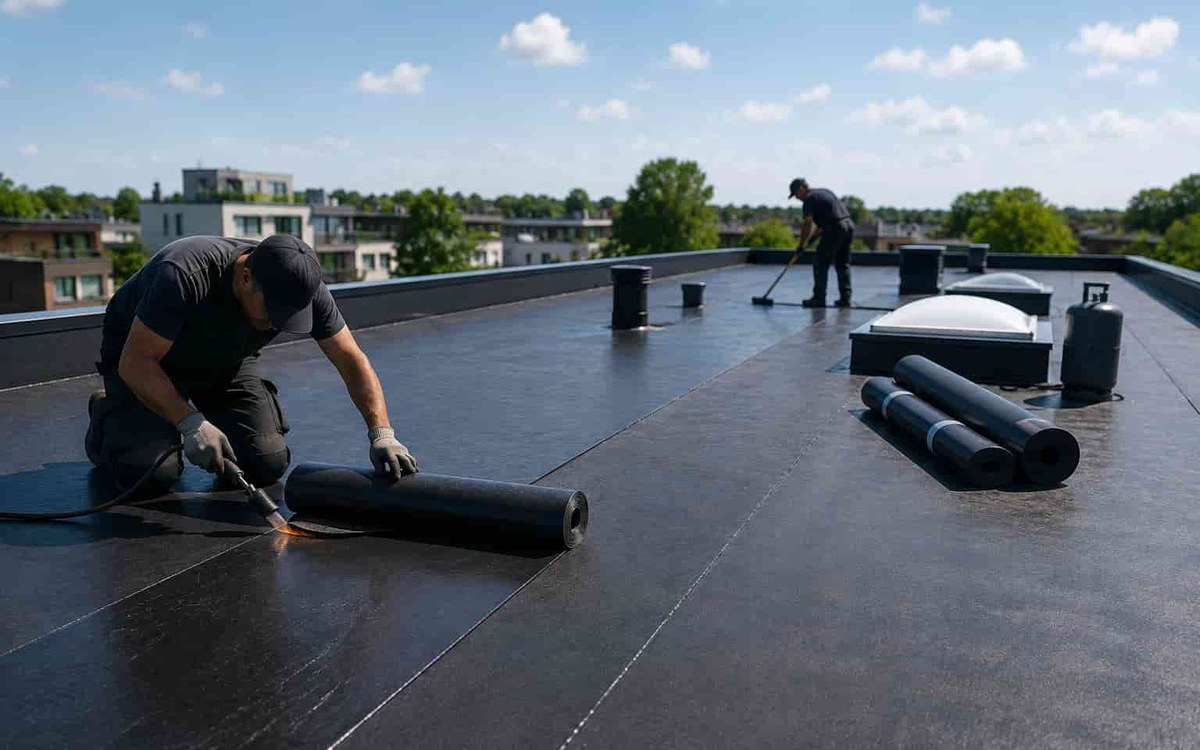 Roofers torch-applying and finishing a flat rubber roof membrane on a low-slope roof