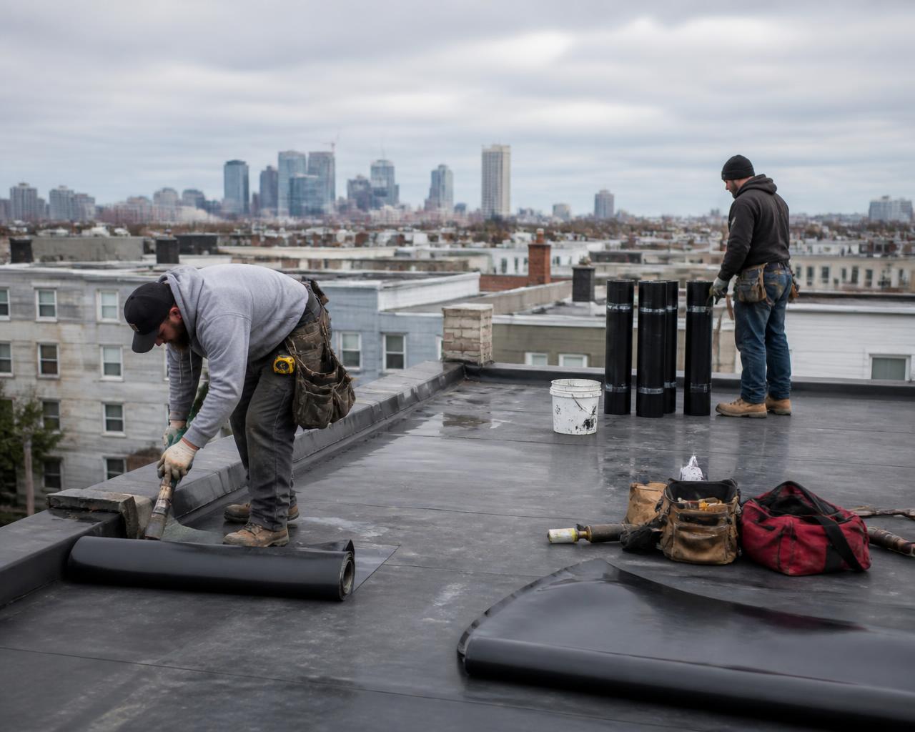 Always On Top Roofing crew working on a home in South Boston, MA