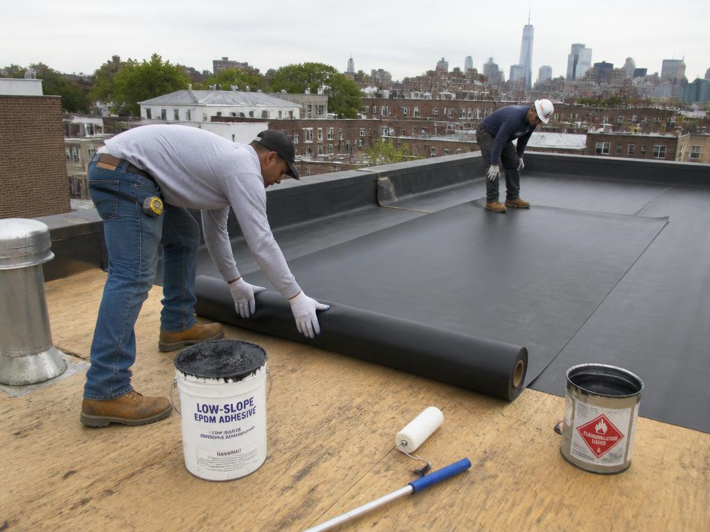 Roofing crew rolling out an EPDM rubber membrane on a flat roof deck in Boston, MA