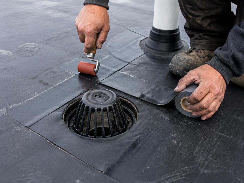 Roofer sealing an EPDM rubber roof seam around a roof drain in South Boston, MA